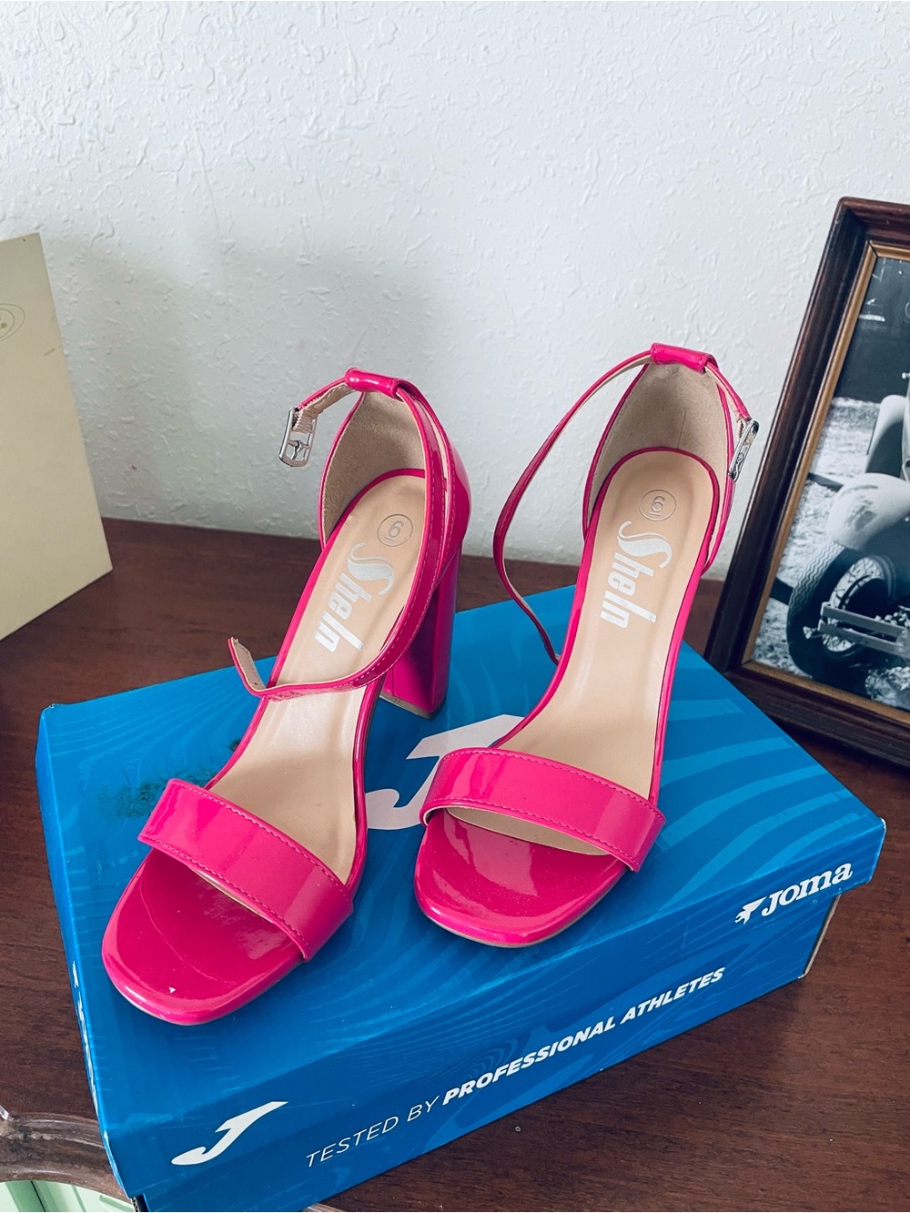 SHEIN Hot Pink Patent Block Heel Sandals with Ankle Strap
